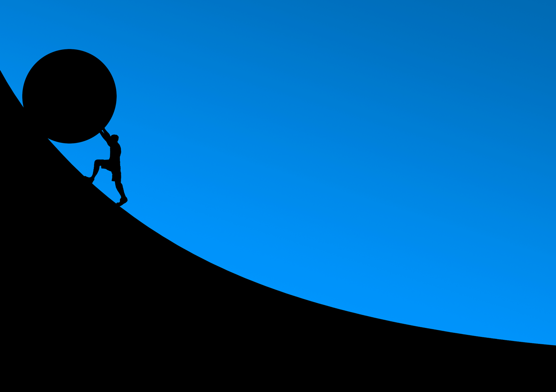 man pushing giant stone ball up hill