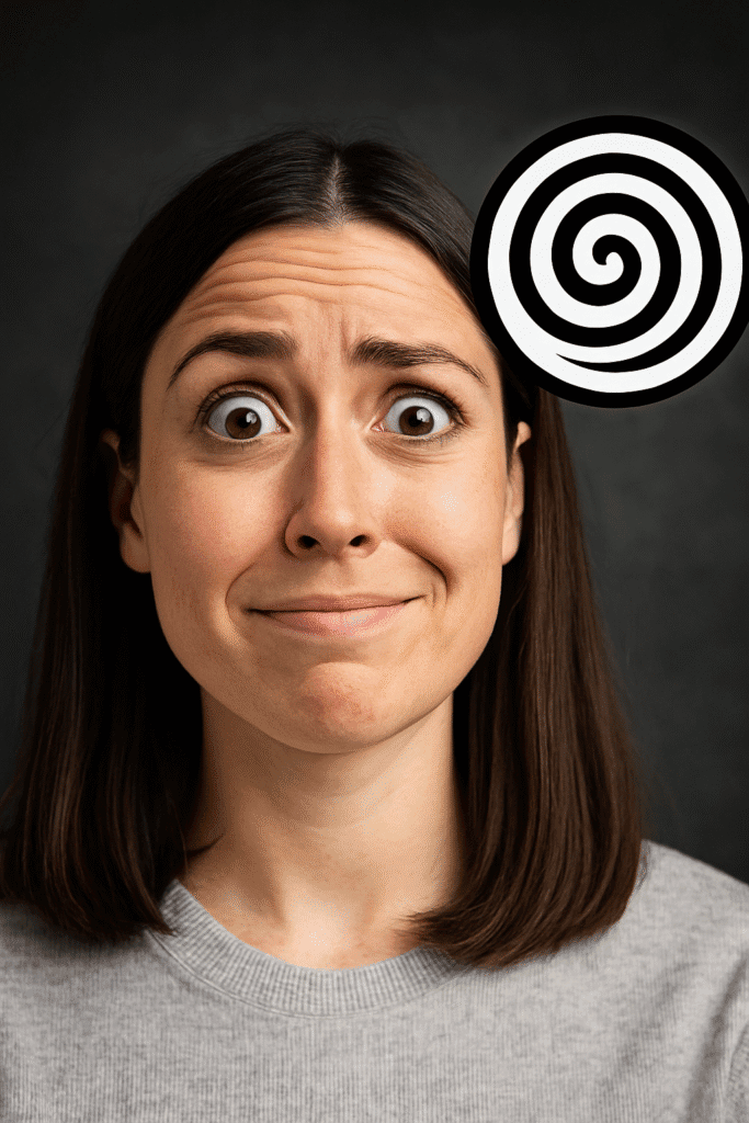 Skeptical young woman raising an eyebrow with a hypnotic spiral beside her, illustrating disbelief about ADHD hypnosis
