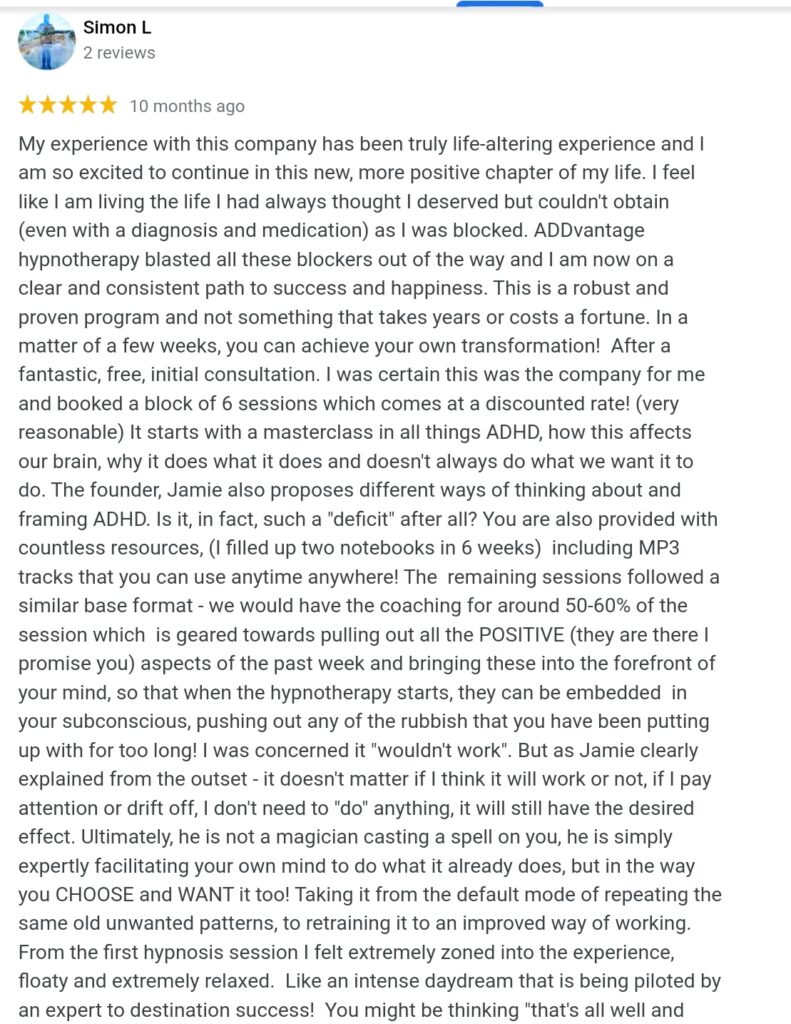 ADHD Hypnosis review from google
